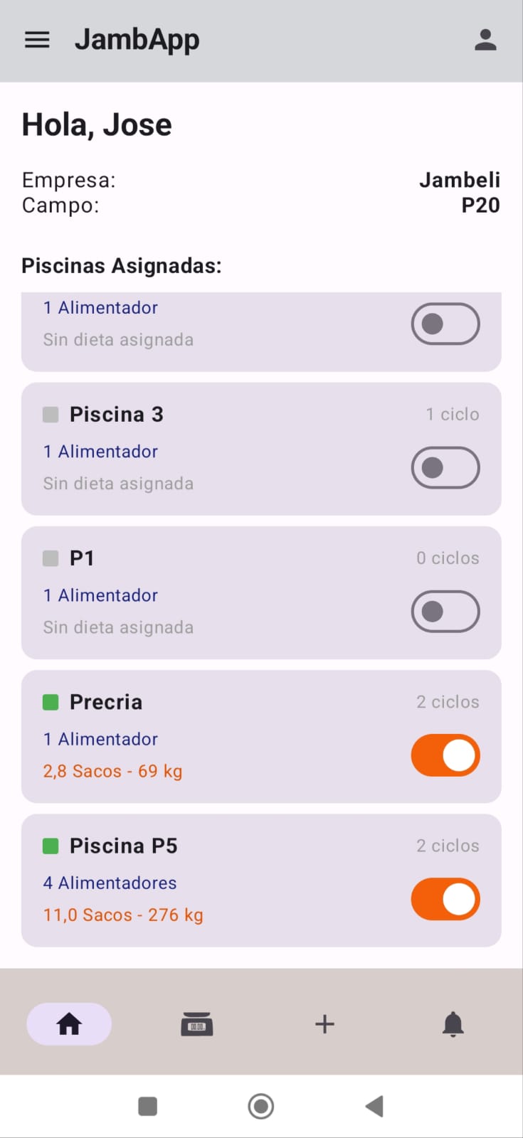 App móvil Jamba mostrando ciclos de alimentación