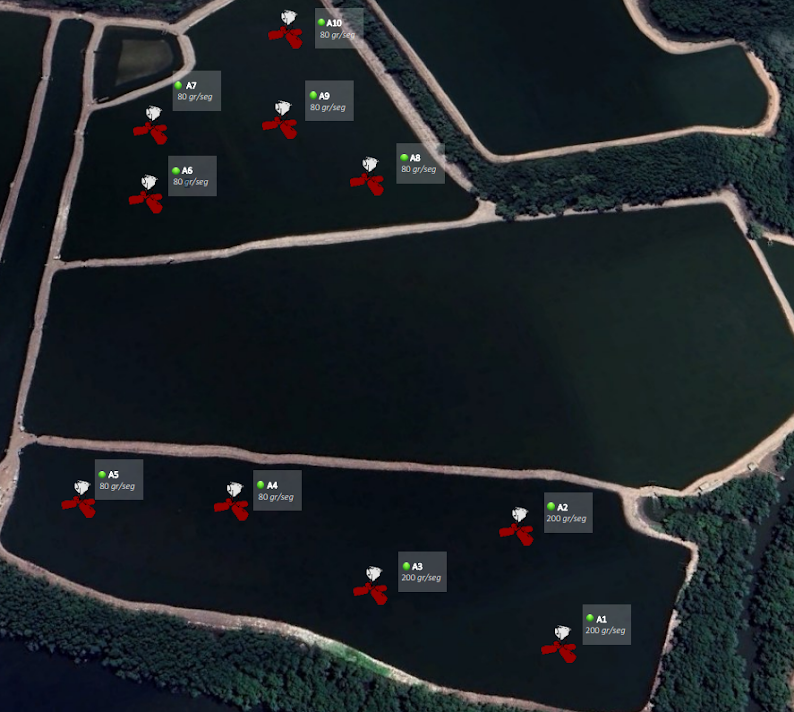 Mapa georreferenciado de alimentadores JBS con tasas de dosificación por piscina